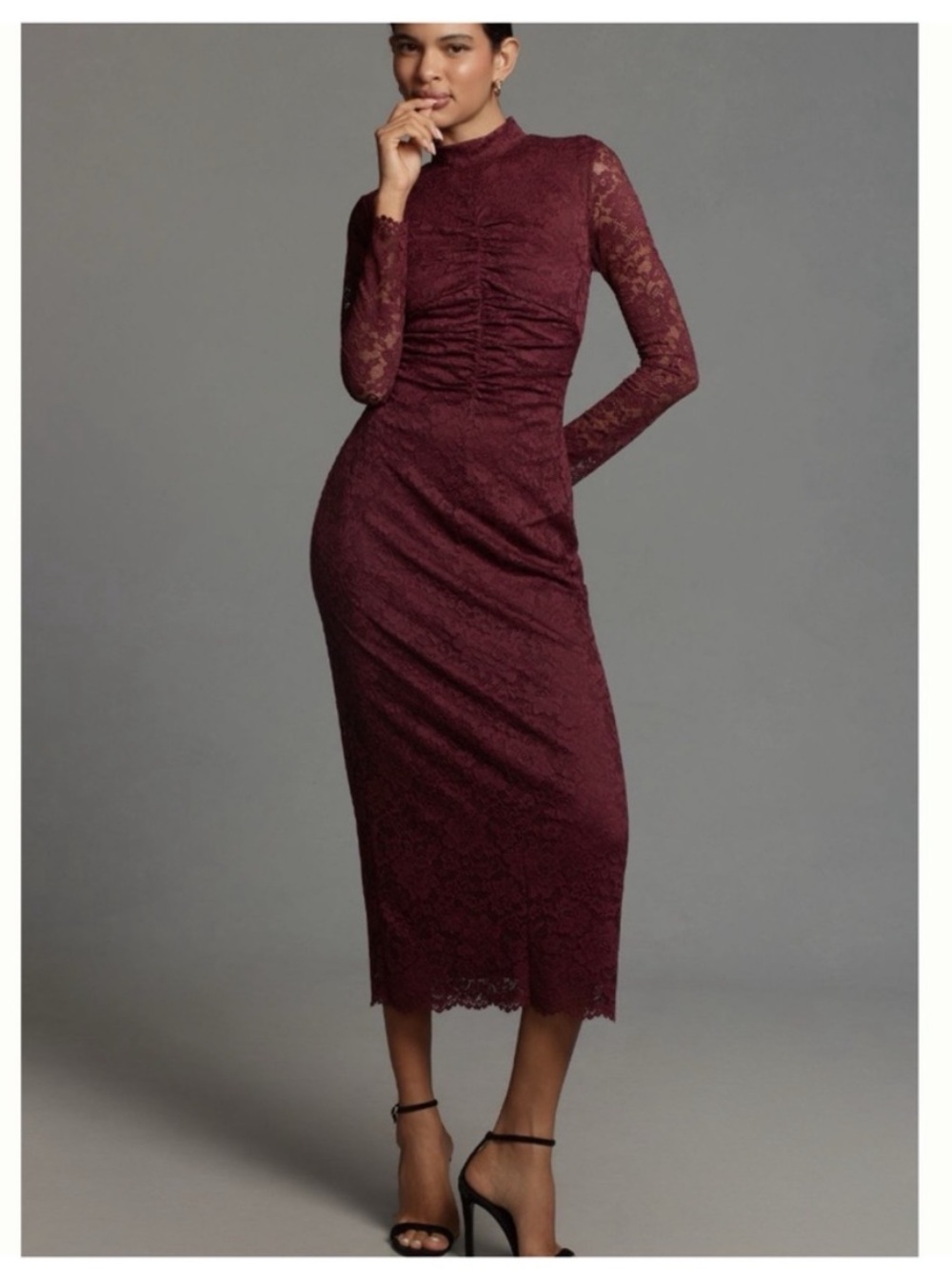 NWT Anthropologie Elegant Ruched Long Sleeve Lace Dress in Plum , L